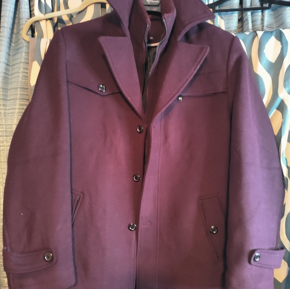 Mens burgundy winter pea coat jacket - Picture 8 of 8